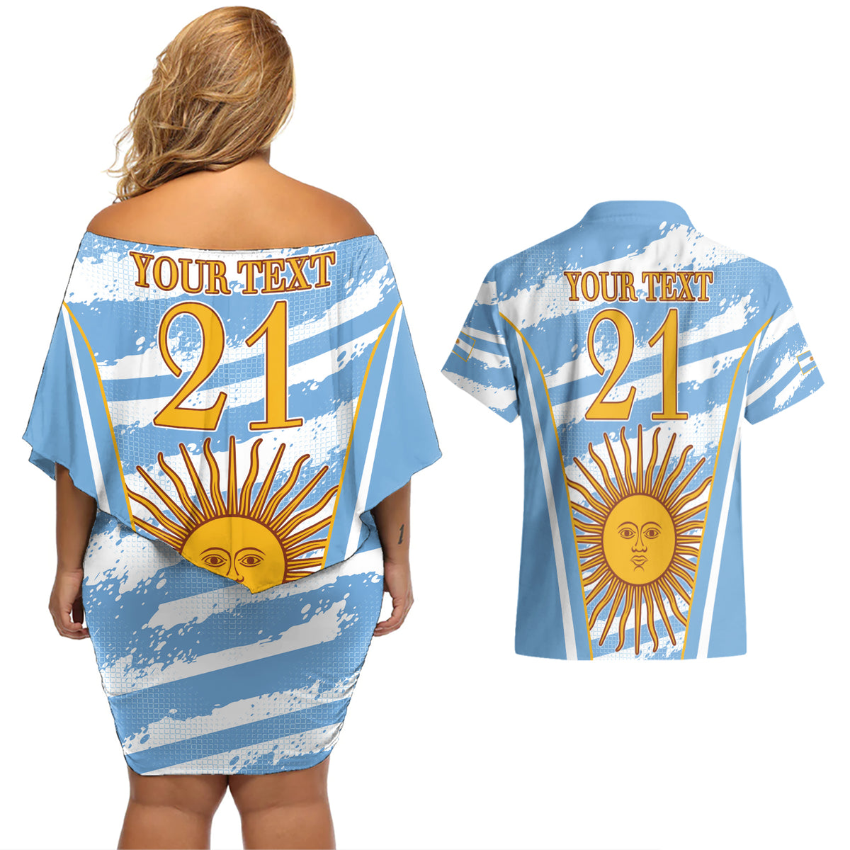 Custom Vamos Argentina Couples Matching Off Shoulder Short Dress and Hawaiian Shirt The Pumas Rugby Mascot Sporty Version LT9 - Wonder Print Shop
