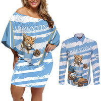 Custom Vamos Argentina Couples Matching Off Shoulder Short Dress and Long Sleeve Button Shirt The Pumas Rugby Mascot Sporty Version LT9 - Wonder Print Shop
