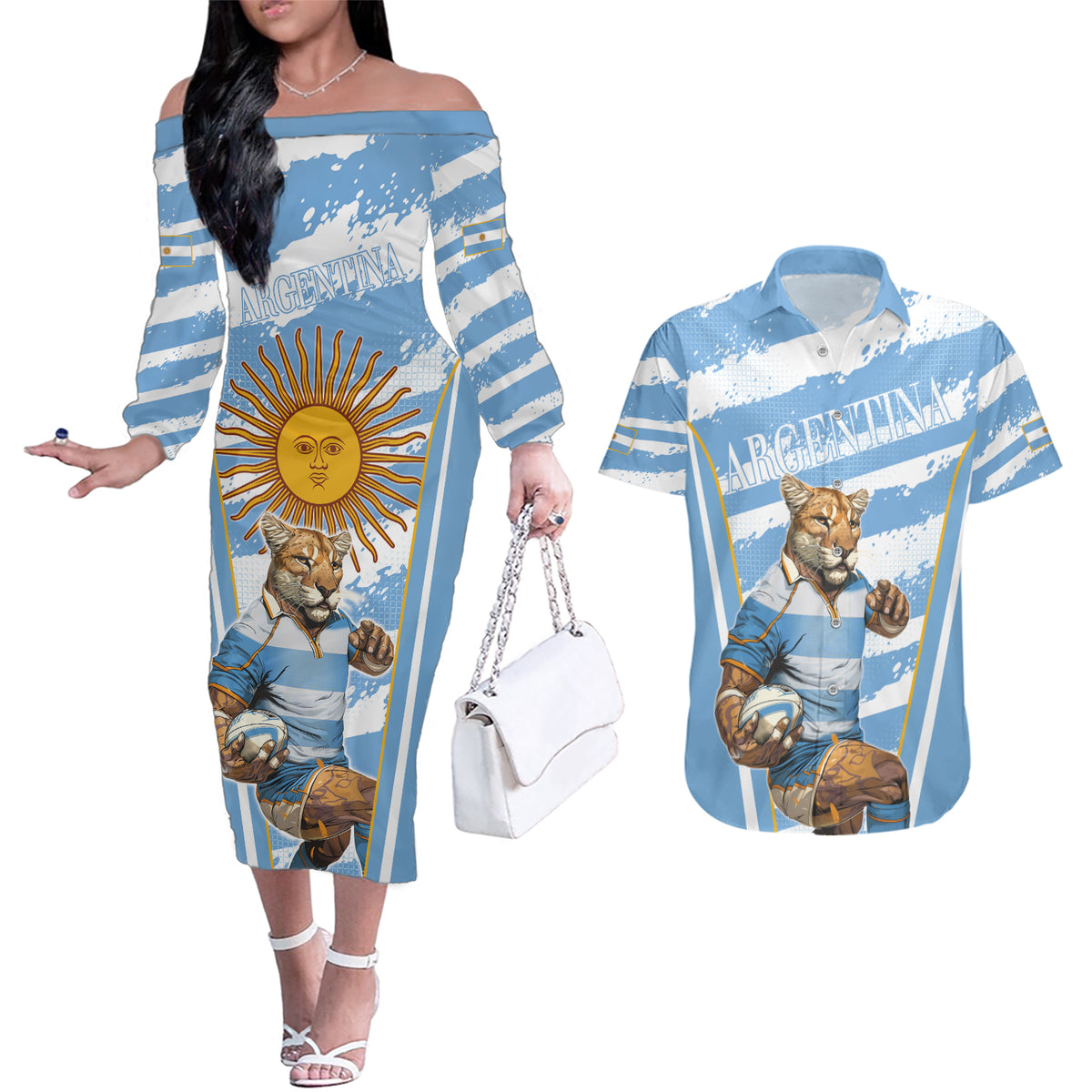 Custom Vamos Argentina Couples Matching Off The Shoulder Long Sleeve Dress and Hawaiian Shirt The Pumas Rugby Mascot Sporty Version LT9 - Wonder Print Shop