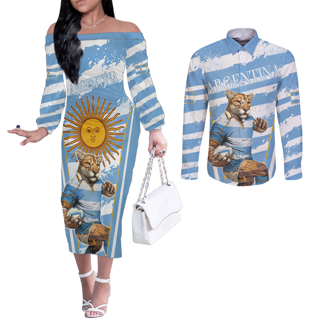 Custom Vamos Argentina Couples Matching Off The Shoulder Long Sleeve Dress and Long Sleeve Button Shirt The Pumas Rugby Mascot Sporty Version