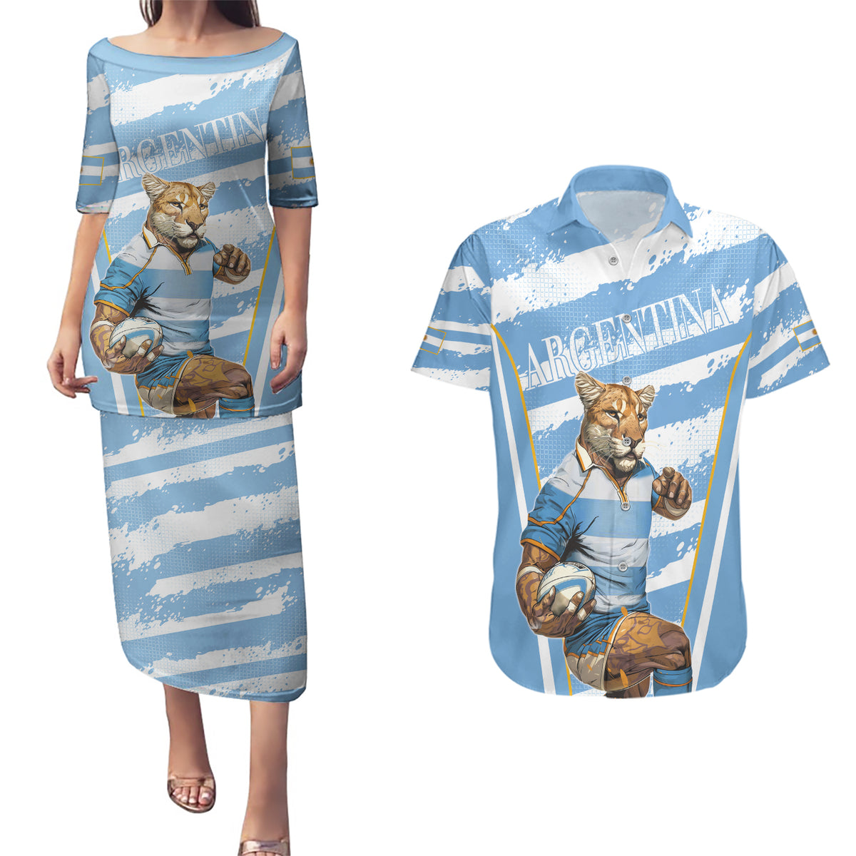 Custom Vamos Argentina Couples Matching Puletasi and Hawaiian Shirt The Pumas Rugby Mascot Sporty Version LT9 - Wonder Print Shop