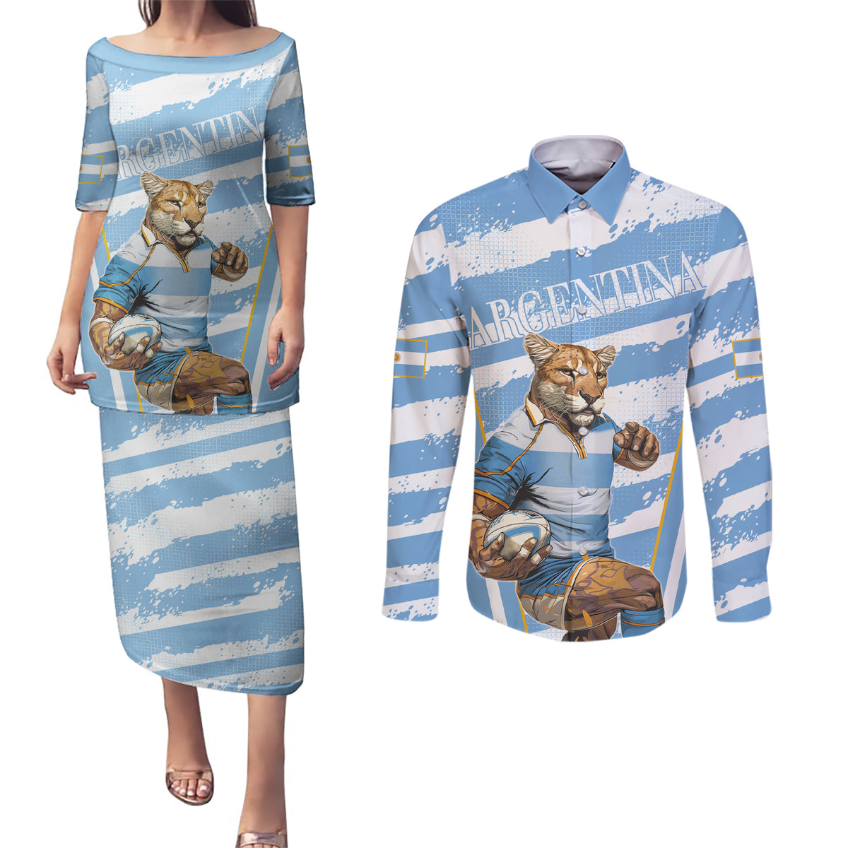 Custom Vamos Argentina Couples Matching Puletasi and Long Sleeve Button Shirt The Pumas Rugby Mascot Sporty Version LT9 - Wonder Print Shop