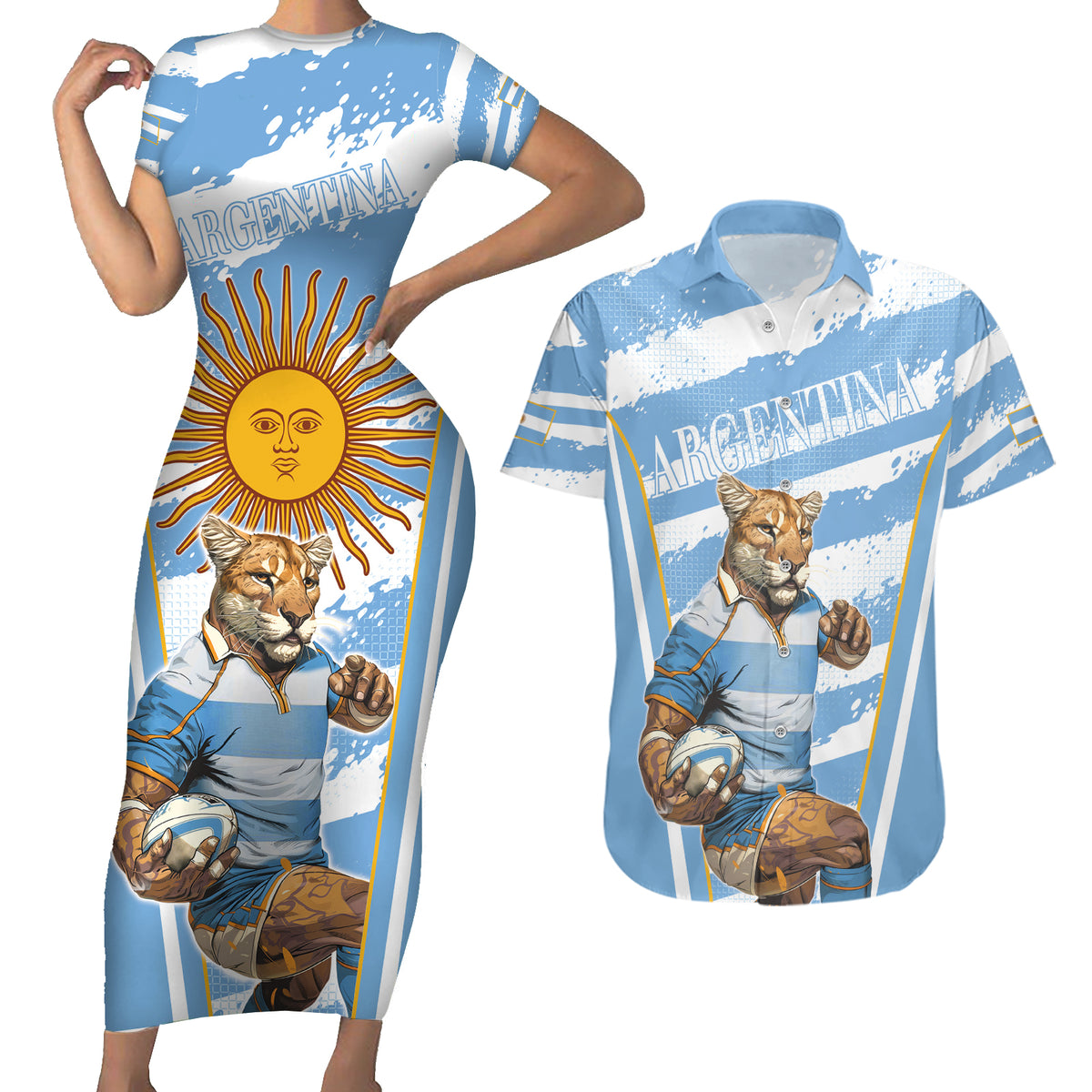 Custom Vamos Argentina Couples Matching Short Sleeve Bodycon Dress and Hawaiian Shirt The Pumas Rugby Mascot Sporty Version LT9 - Wonder Print Shop