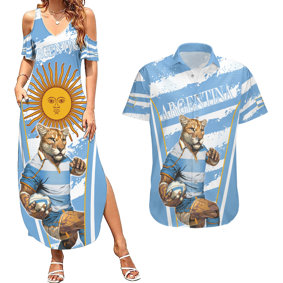Custom Vamos Argentina Couples Matching Summer Maxi Dress and Hawaiian Shirt The Pumas Rugby Mascot Sporty Version LT9 - Wonder Print Shop