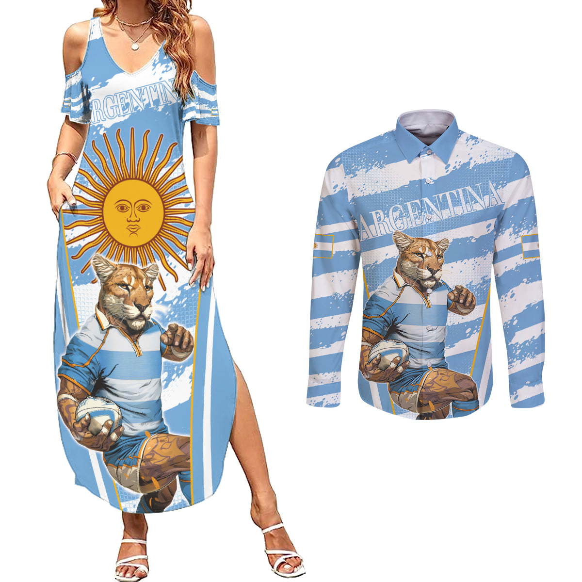 Custom Vamos Argentina Couples Matching Summer Maxi Dress and Long Sleeve Button Shirt The Pumas Rugby Mascot Sporty Version LT9 - Wonder Print Shop