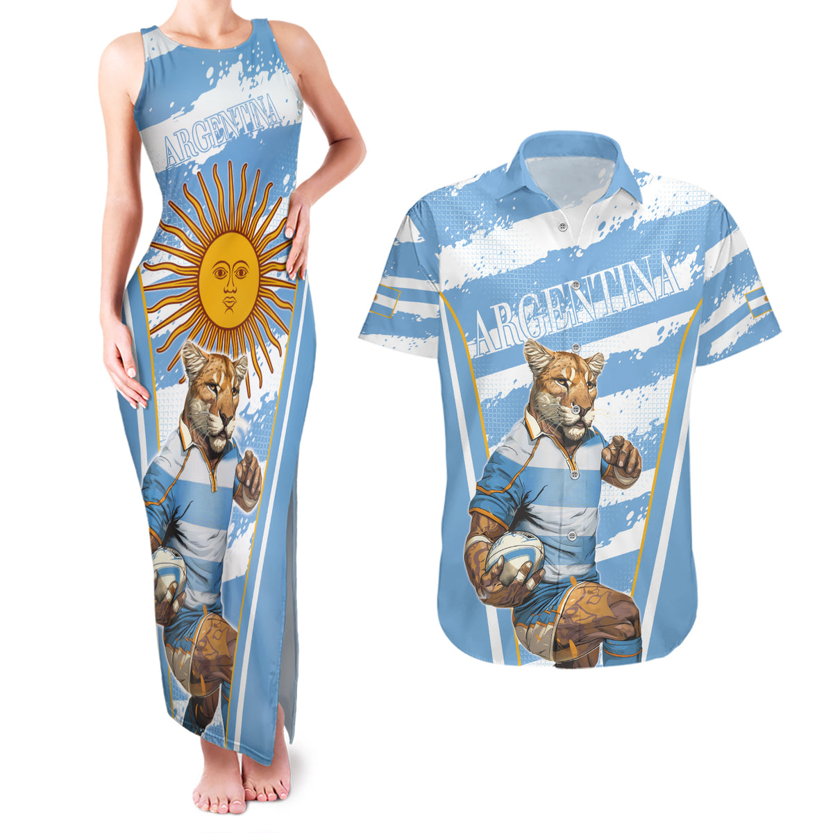 Custom Vamos Argentina Couples Matching Tank Maxi Dress and Hawaiian Shirt The Pumas Rugby Mascot Sporty Version LT9 - Wonder Print Shop