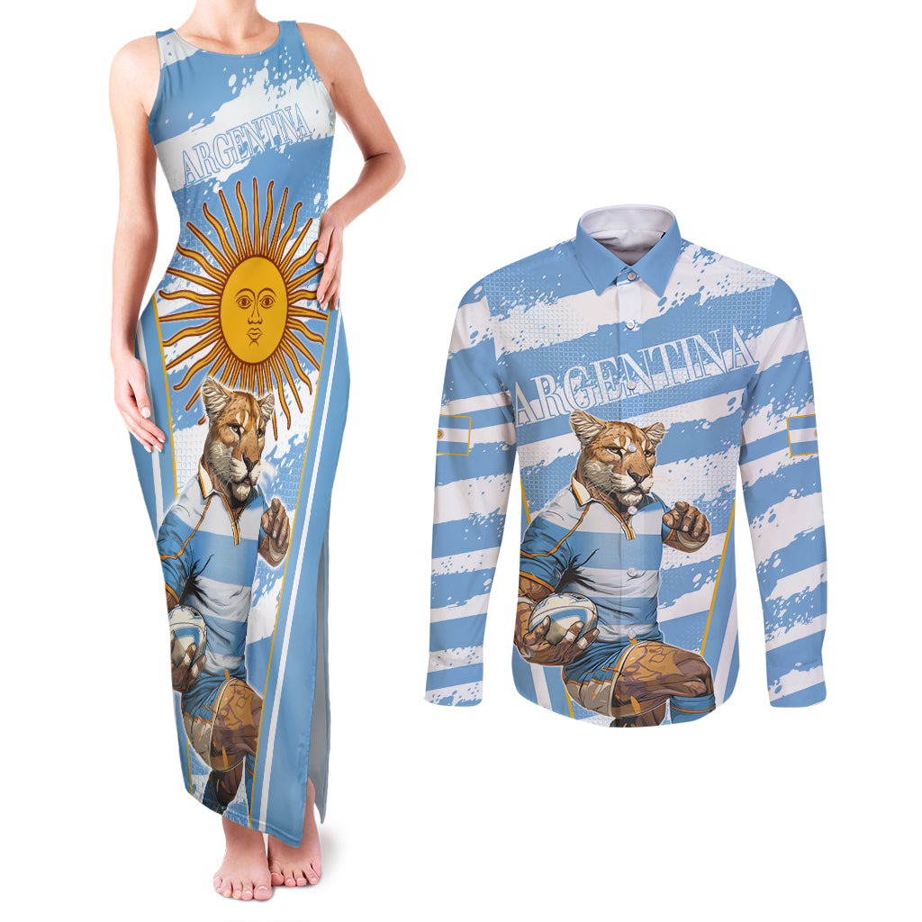 Custom Vamos Argentina Couples Matching Tank Maxi Dress and Long Sleeve Button Shirt The Pumas Rugby Mascot Sporty Version LT9 - Wonder Print Shop