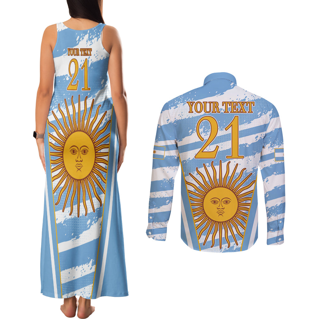 Custom Vamos Argentina Couples Matching Tank Maxi Dress and Long Sleeve Button Shirt The Pumas Rugby Mascot Sporty Version LT9 - Wonder Print Shop
