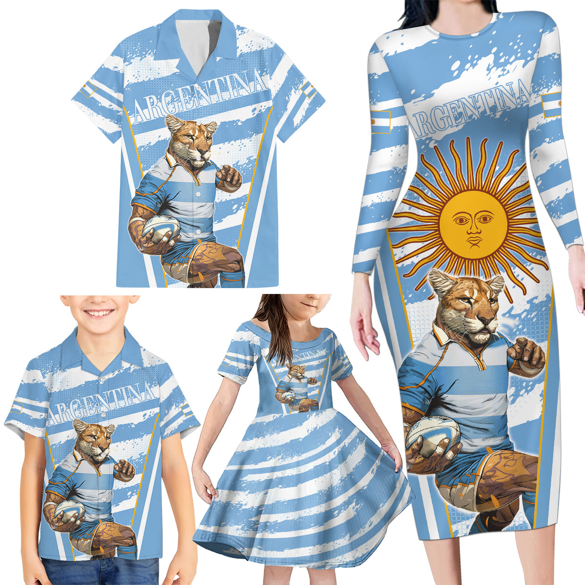 Custom Vamos Argentina Family Matching Long Sleeve Bodycon Dress and Hawaiian Shirt The Pumas Rugby Mascot Sporty Version LT9 - Wonder Print Shop