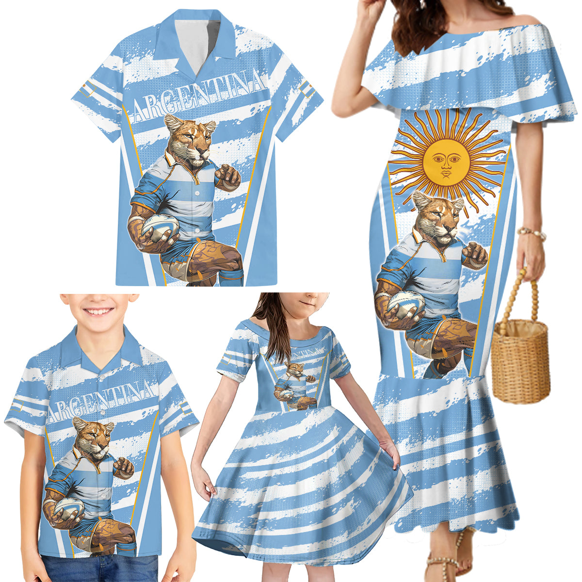 Custom Vamos Argentina Family Matching Mermaid Dress and Hawaiian Shirt The Pumas Rugby Mascot Sporty Version LT9 - Wonder Print Shop