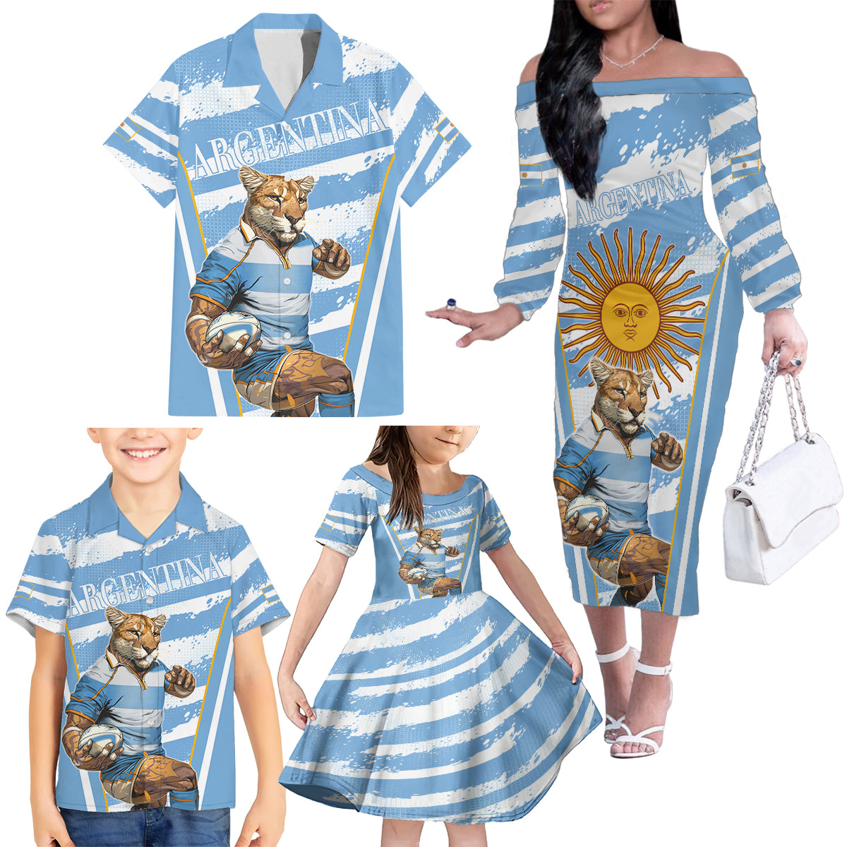 Custom Vamos Argentina Family Matching Off The Shoulder Long Sleeve Dress and Hawaiian Shirt The Pumas Rugby Mascot Sporty Version - Wonder Print Shop