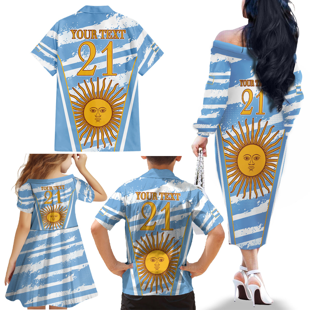 Custom Vamos Argentina Family Matching Off The Shoulder Long Sleeve Dress and Hawaiian Shirt The Pumas Rugby Mascot Sporty Version - Wonder Print Shop