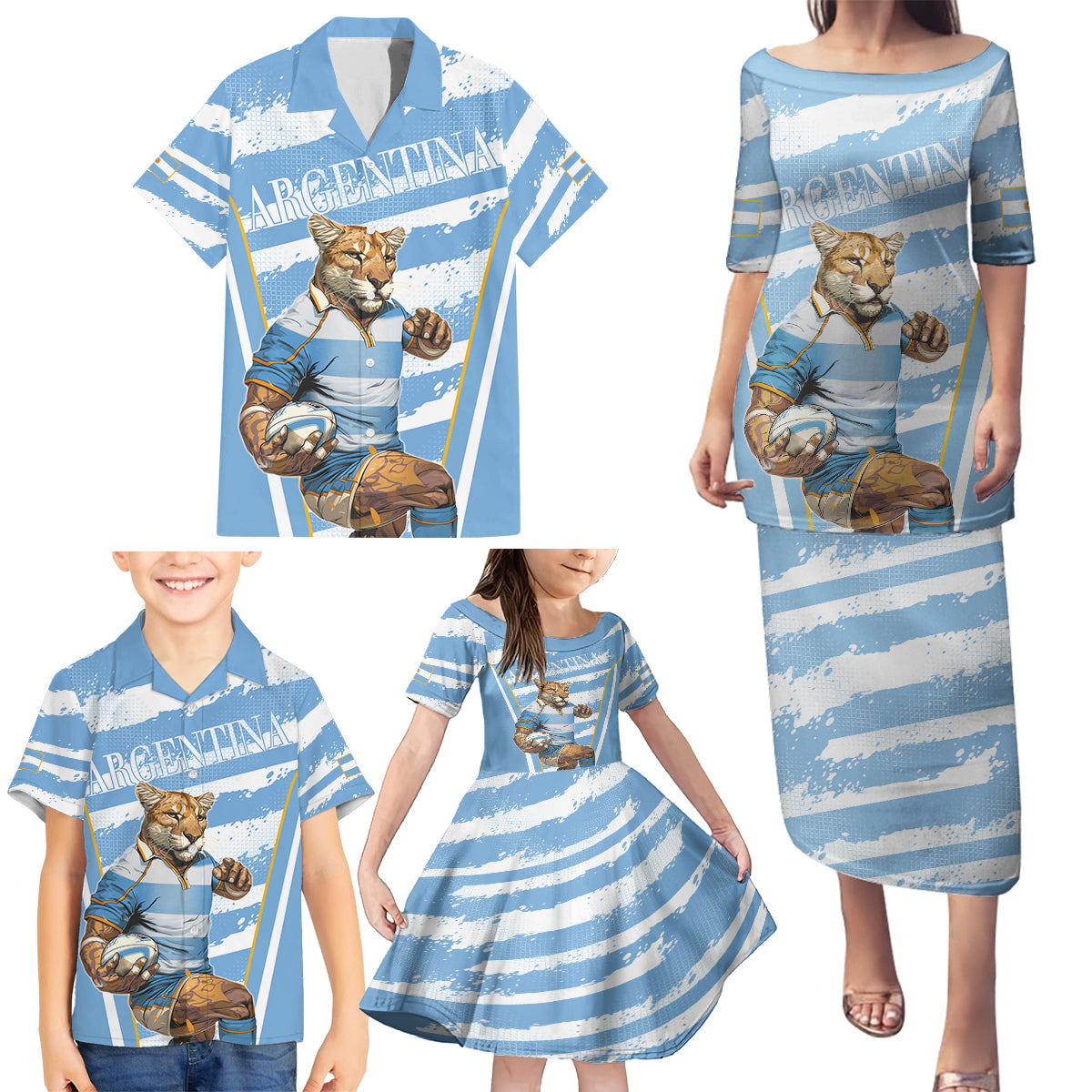 Custom Vamos Argentina Family Matching Puletasi and Hawaiian Shirt The Pumas Rugby Mascot Sporty Version - Wonder Print Shop