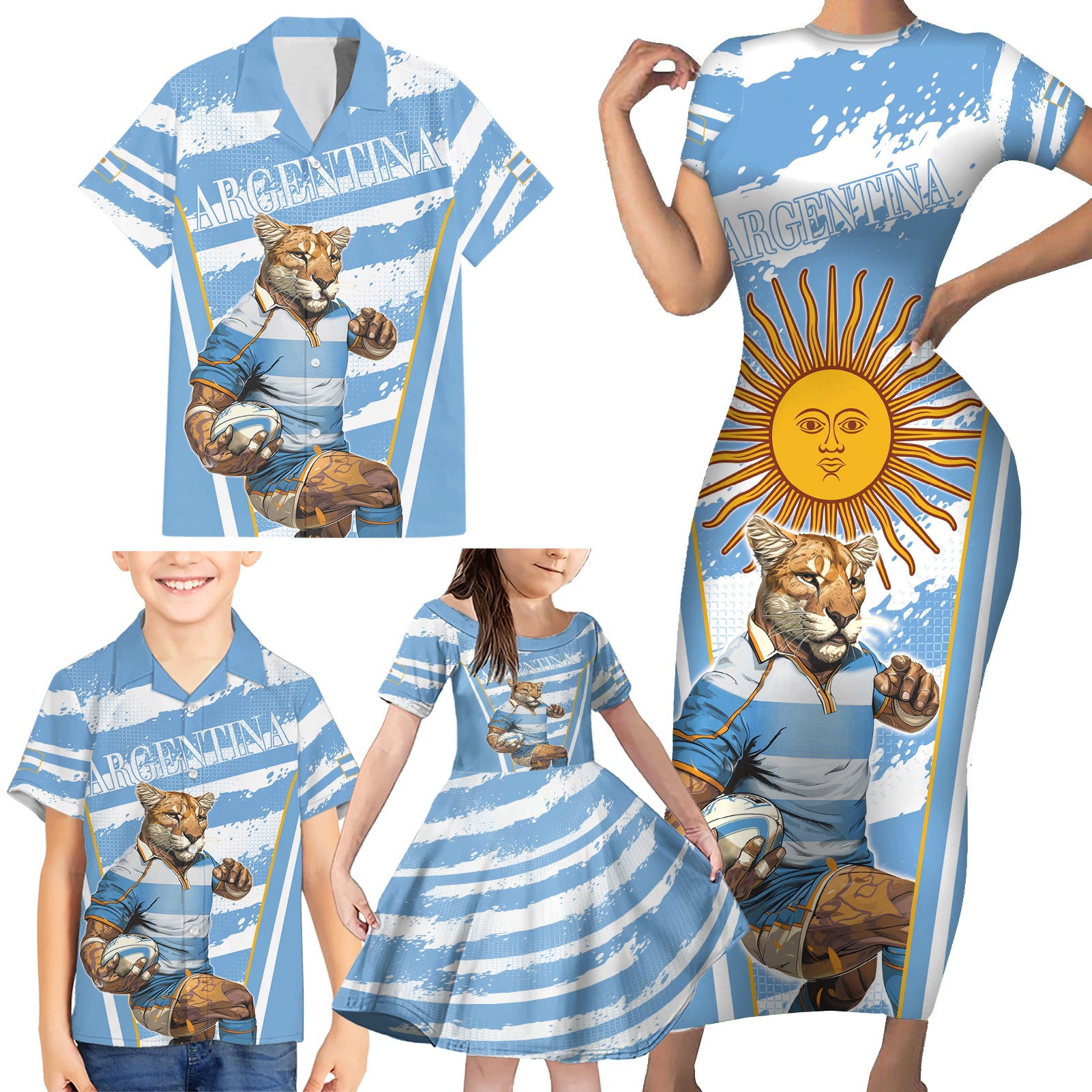 Custom Vamos Argentina Family Matching Short Sleeve Bodycon Dress and Hawaiian Shirt The Pumas Rugby Mascot Sporty Version - Wonder Print Shop