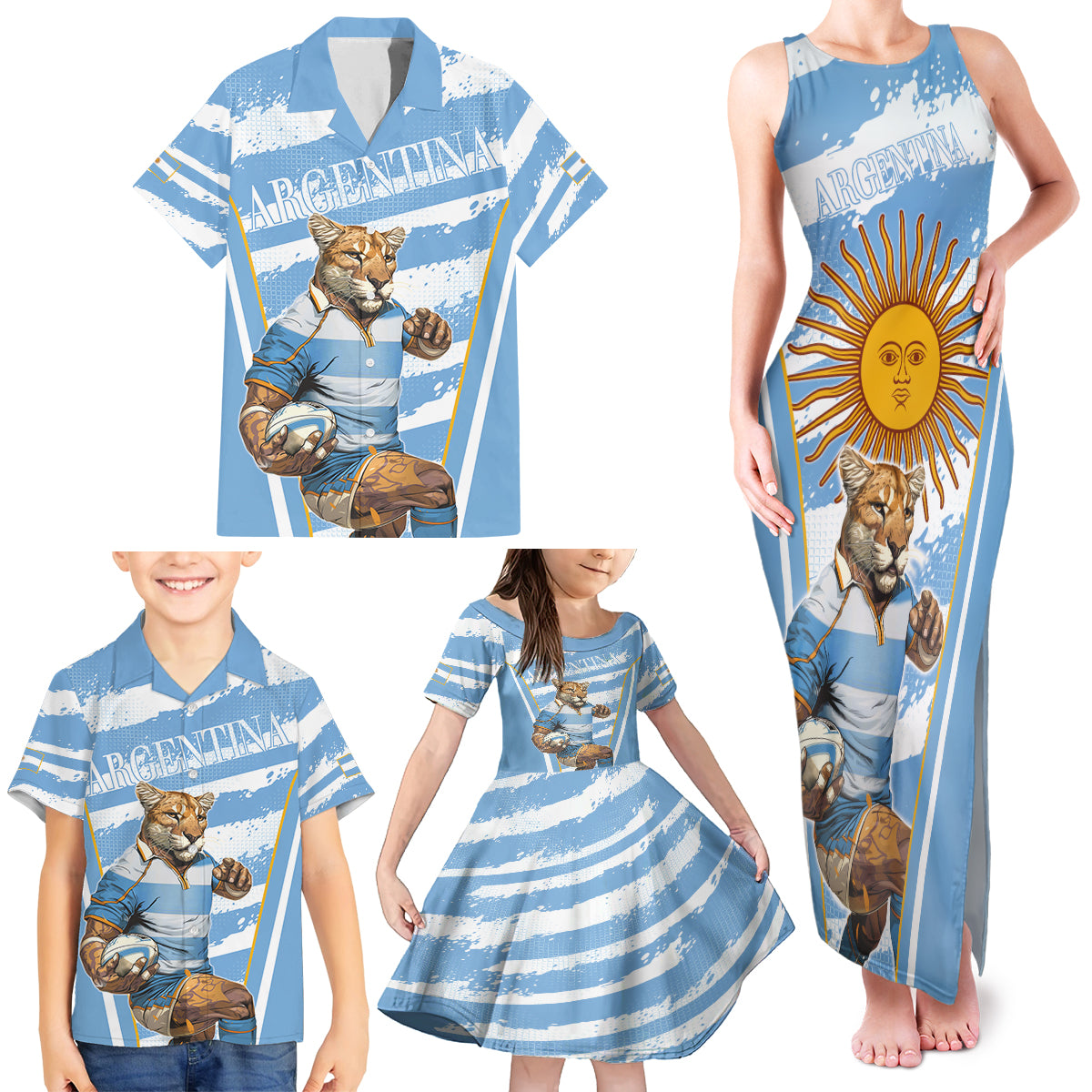 Custom Vamos Argentina Family Matching Tank Maxi Dress and Hawaiian Shirt The Pumas Rugby Mascot Sporty Version - Wonder Print Shop