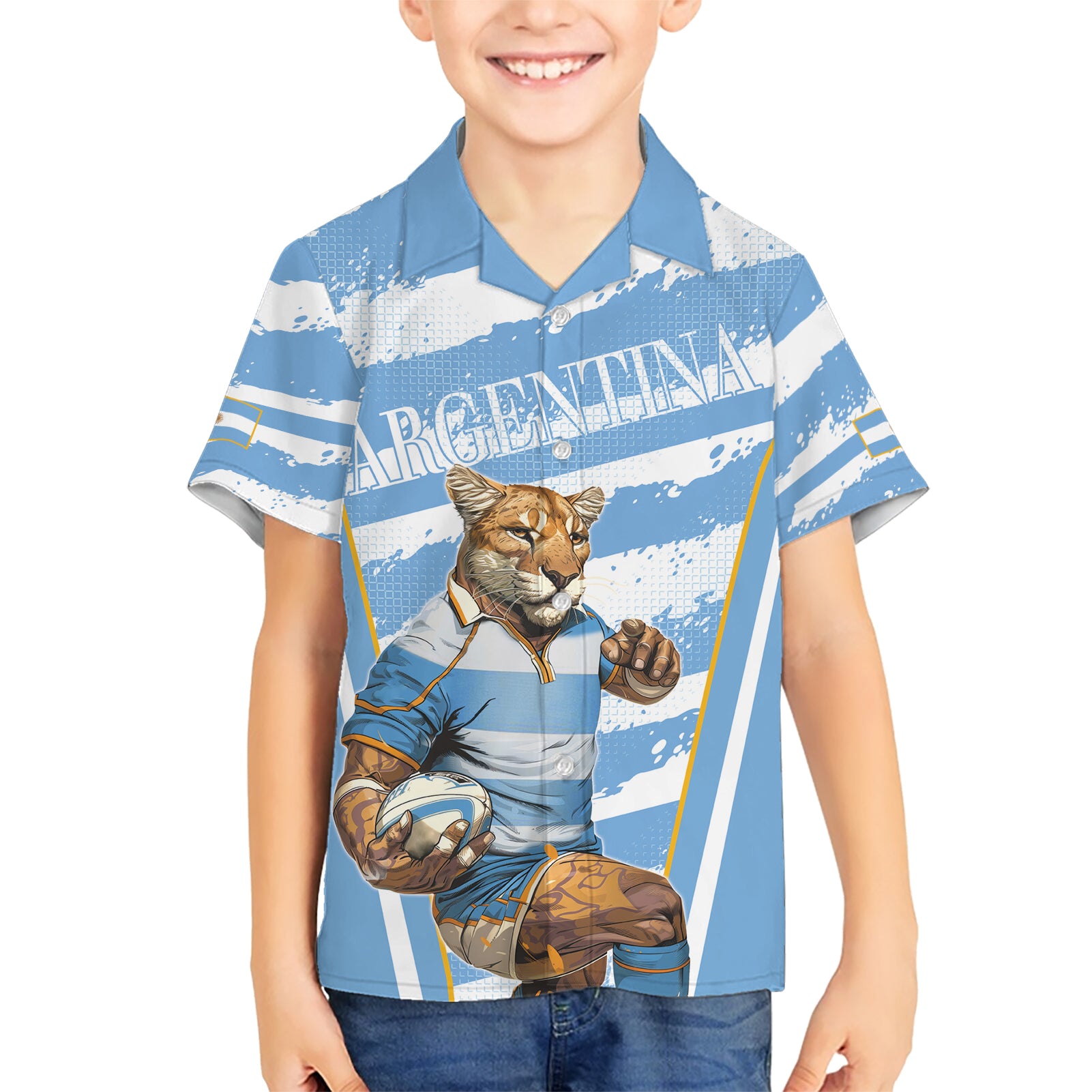 Custom Vamos Argentina Kid Hawaiian Shirt The Pumas Rugby Mascot Sporty Version - Wonder Print Shop