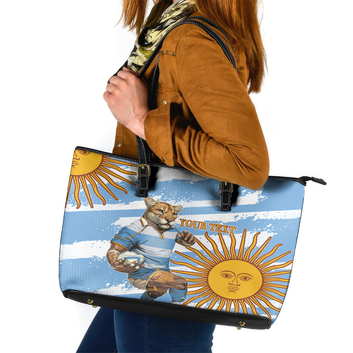 Custom Vamos Argentina Leather Tote Bag The Pumas Rugby Mascot Sporty Version - Wonder Print Shop