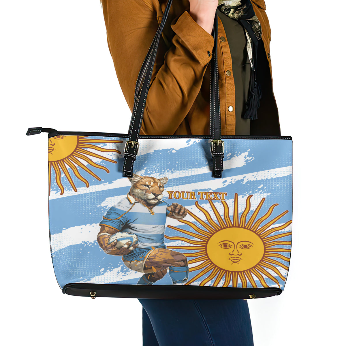 Custom Vamos Argentina Leather Tote Bag The Pumas Rugby Mascot Sporty Version - Wonder Print Shop