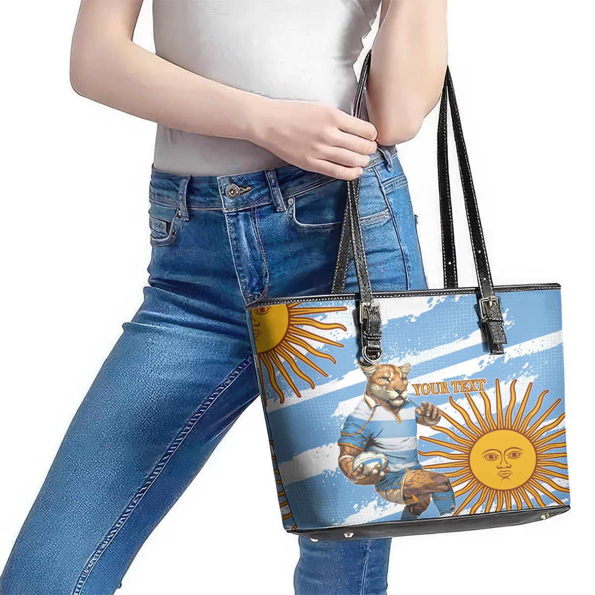 Custom Vamos Argentina Leather Tote Bag The Pumas Rugby Mascot Sporty Version - Wonder Print Shop