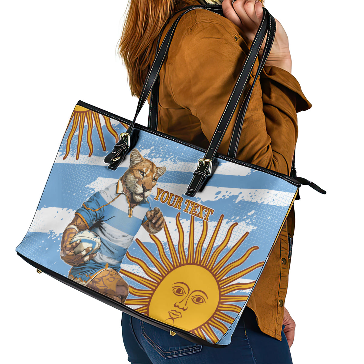 Custom Vamos Argentina Leather Tote Bag The Pumas Rugby Mascot Sporty Version - Wonder Print Shop