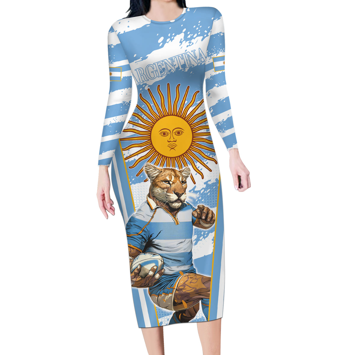 Custom Vamos Argentina Long Sleeve Bodycon Dress The Pumas Rugby Mascot Sporty Version - Wonder Print Shop