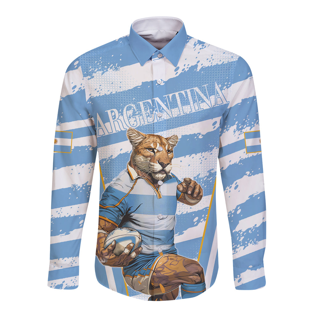 Custom Vamos Argentina Long Sleeve Button Shirt The Pumas Rugby Mascot Sporty Version - Wonder Print Shop