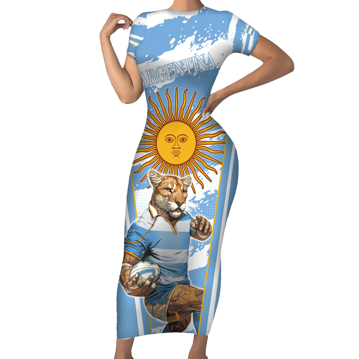Custom Vamos Argentina Short Sleeve Bodycon Dress The Pumas Rugby Mascot Sporty Version - Wonder Print Shop