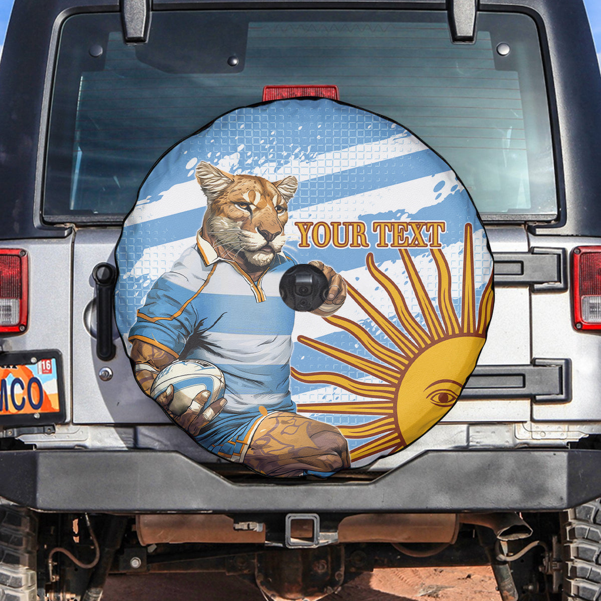 Custom Vamos Argentina Spare Tire Cover The Pumas Rugby Mascot Sporty Version - Wonder Print Shop