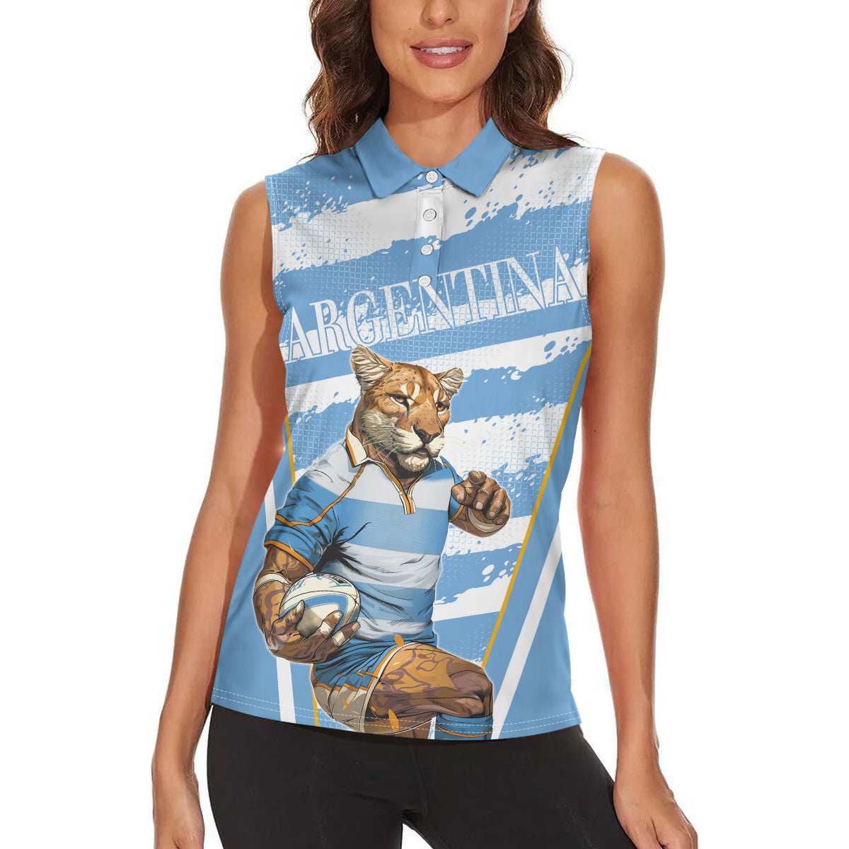 Custom Vamos Argentina Women Sleeveless Polo Shirt The Pumas Rugby Mascot Sporty Version - Wonder Print Shop
