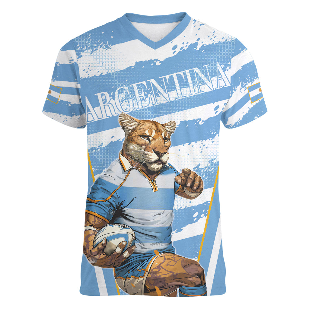 Custom Vamos Argentina Women V-Neck T-Shirt The Pumas Rugby Mascot Sporty Version - Wonder Print Shop