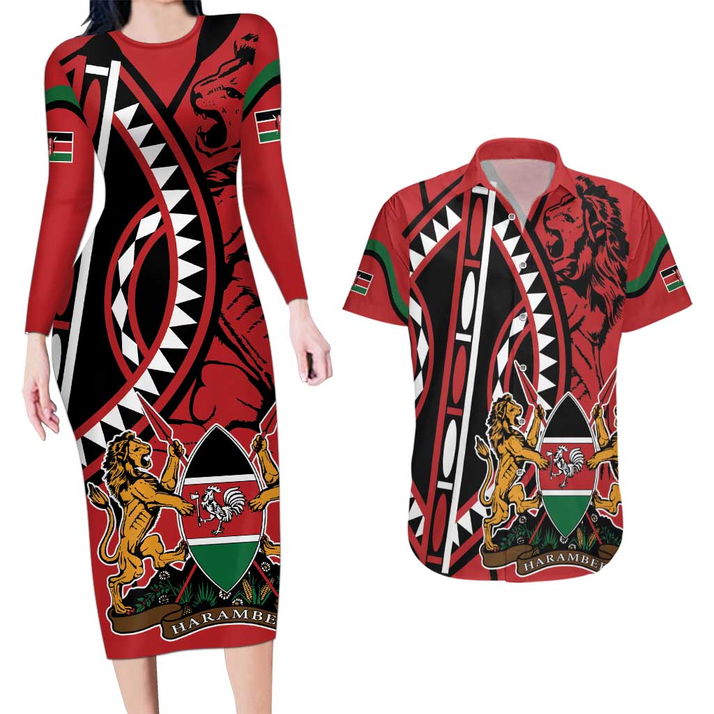 Kenya With African Shield Couples Matching Long Sleeve Bodycon Dress and Hawaiian Shirt LT9 - Wonder Print Shop