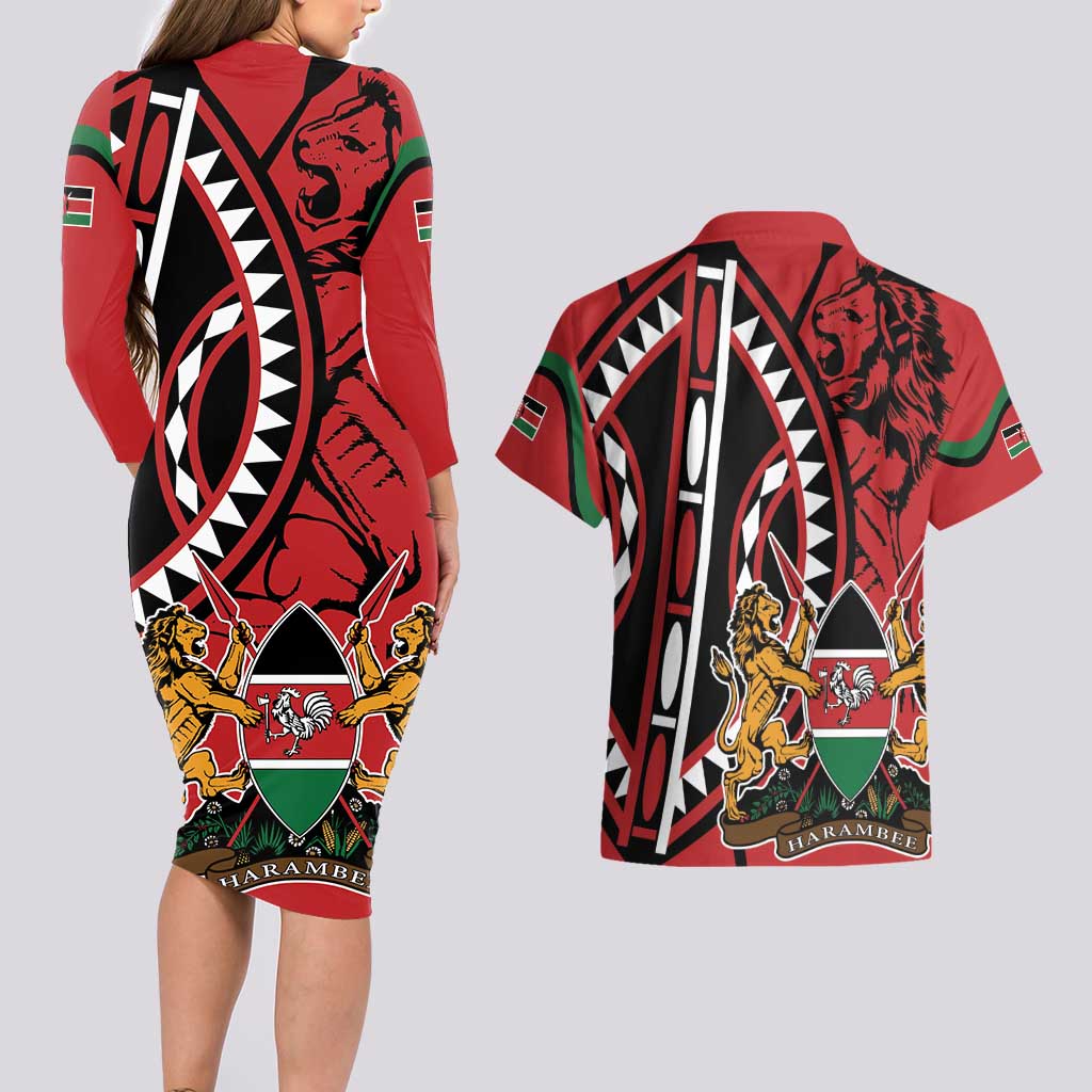 Kenya With African Shield Couples Matching Long Sleeve Bodycon Dress and Hawaiian Shirt LT9 - Wonder Print Shop