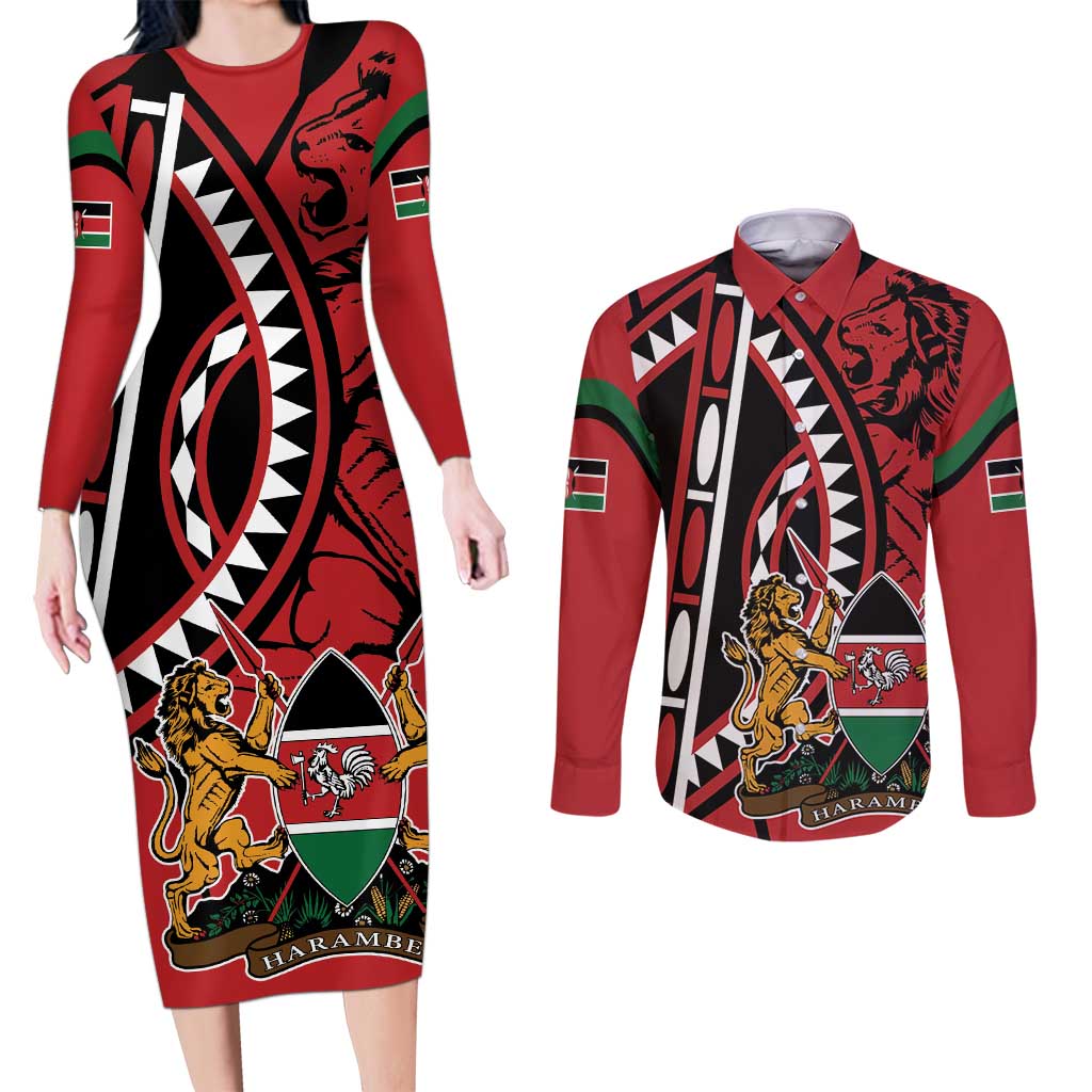Kenya With African Shield Couples Matching Long Sleeve Bodycon Dress and Long Sleeve Button Shirt LT9 - Wonder Print Shop