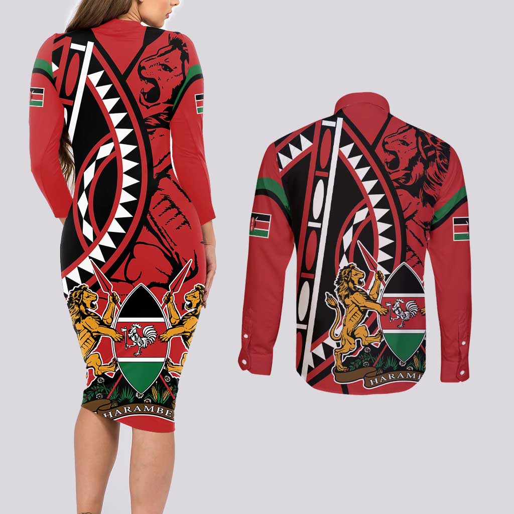 Kenya With African Shield Couples Matching Long Sleeve Bodycon Dress and Long Sleeve Button Shirt LT9 - Wonder Print Shop
