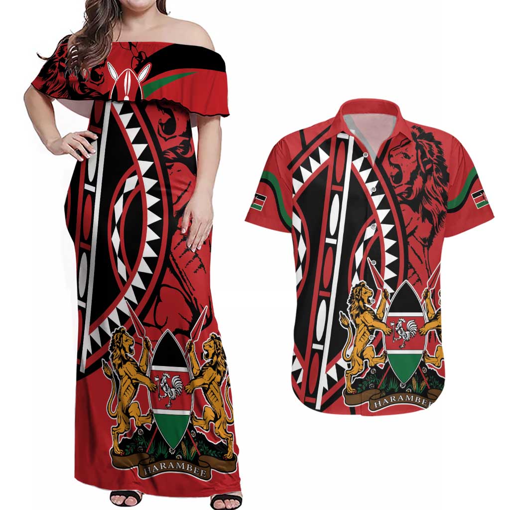 Kenya With African Shield Couples Matching Off Shoulder Maxi Dress and Hawaiian Shirt LT9 - Wonder Print Shop