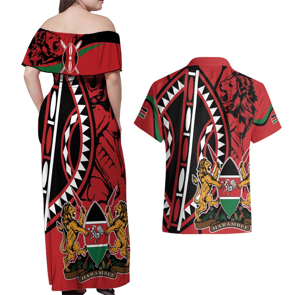 Kenya With African Shield Couples Matching Off Shoulder Maxi Dress and Hawaiian Shirt LT9 - Wonder Print Shop