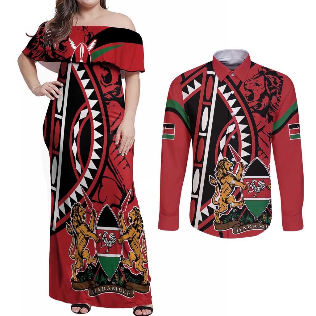 Kenya With African Shield Couples Matching Off Shoulder Maxi Dress and Long Sleeve Button Shirt LT9 - Wonder Print Shop