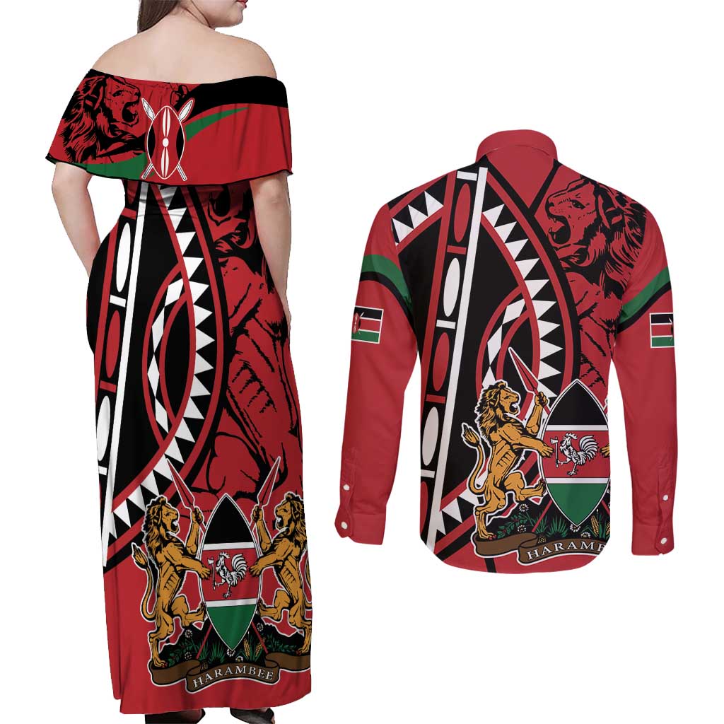 Kenya With African Shield Couples Matching Off Shoulder Maxi Dress and Long Sleeve Button Shirt LT9 - Wonder Print Shop