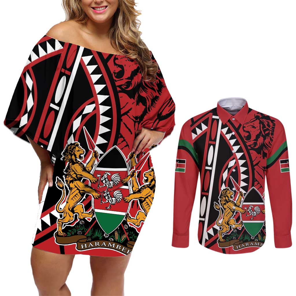 Kenya With African Shield Couples Matching Off Shoulder Short Dress and Long Sleeve Button Shirt LT9 - Wonder Print Shop