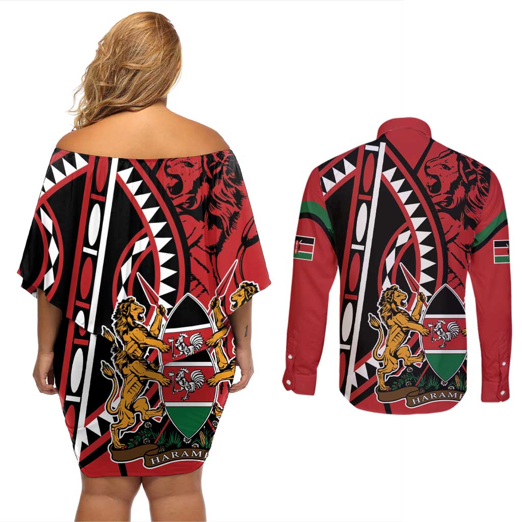 Kenya With African Shield Couples Matching Off Shoulder Short Dress and Long Sleeve Button Shirt LT9 - Wonder Print Shop