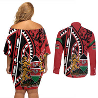 Kenya With African Shield Couples Matching Off Shoulder Short Dress and Long Sleeve Button Shirt LT9 - Wonder Print Shop