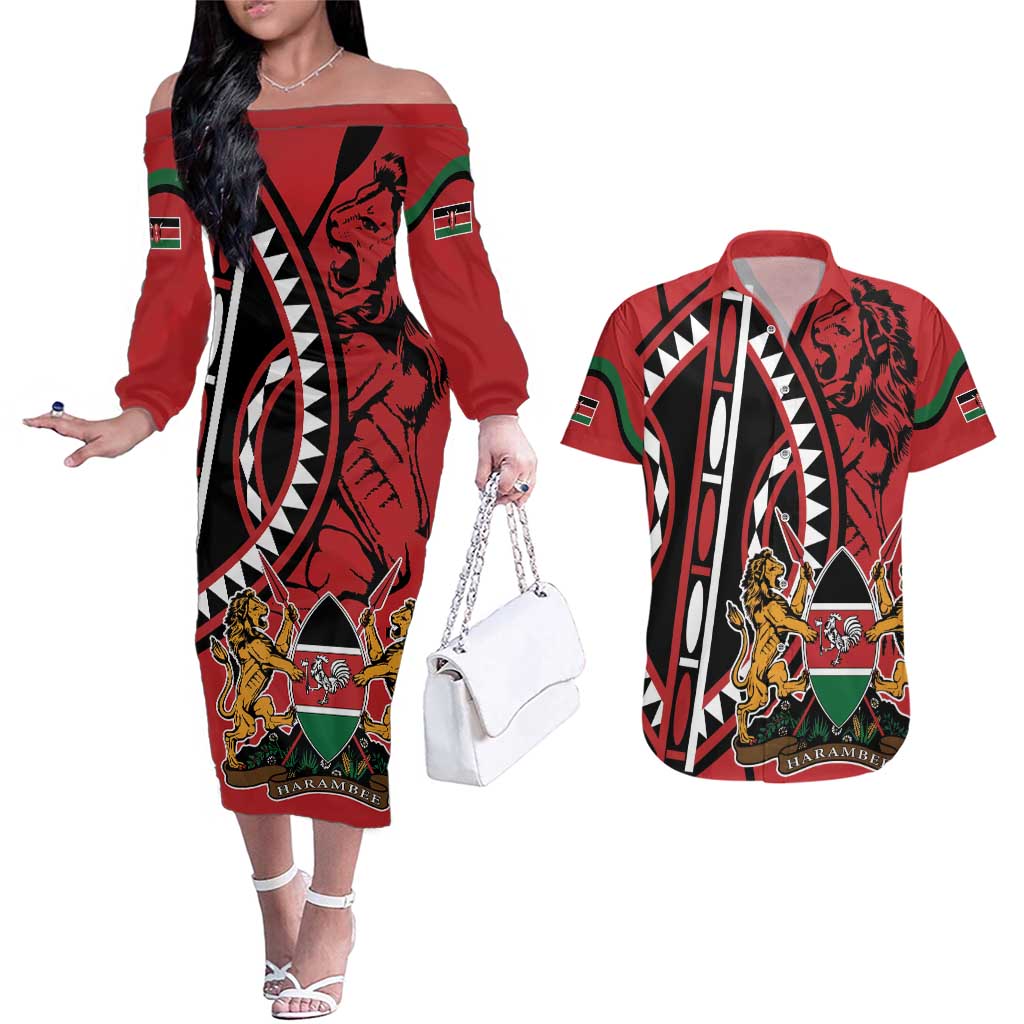 Kenya With African Shield Couples Matching Off The Shoulder Long Sleeve Dress and Hawaiian Shirt LT9 - Wonder Print Shop
