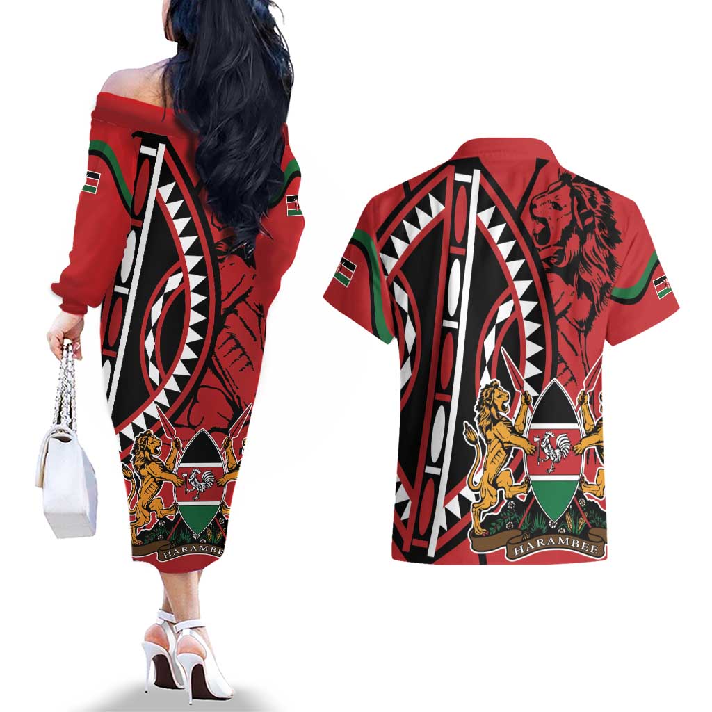 Kenya With African Shield Couples Matching Off The Shoulder Long Sleeve Dress and Hawaiian Shirt LT9 - Wonder Print Shop