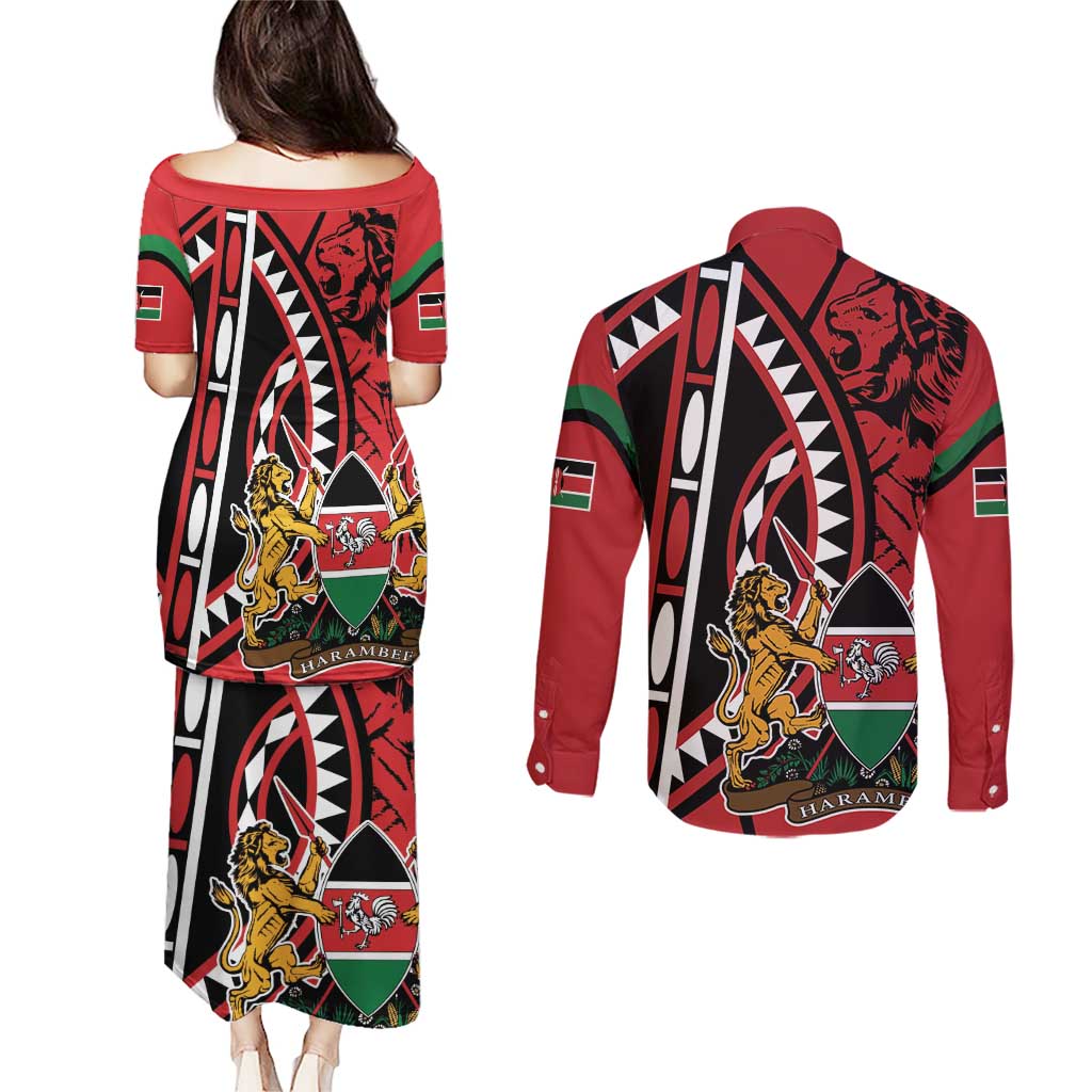 Kenya With African Shield Couples Matching Puletasi and Long Sleeve Button Shirt LT9 - Wonder Print Shop