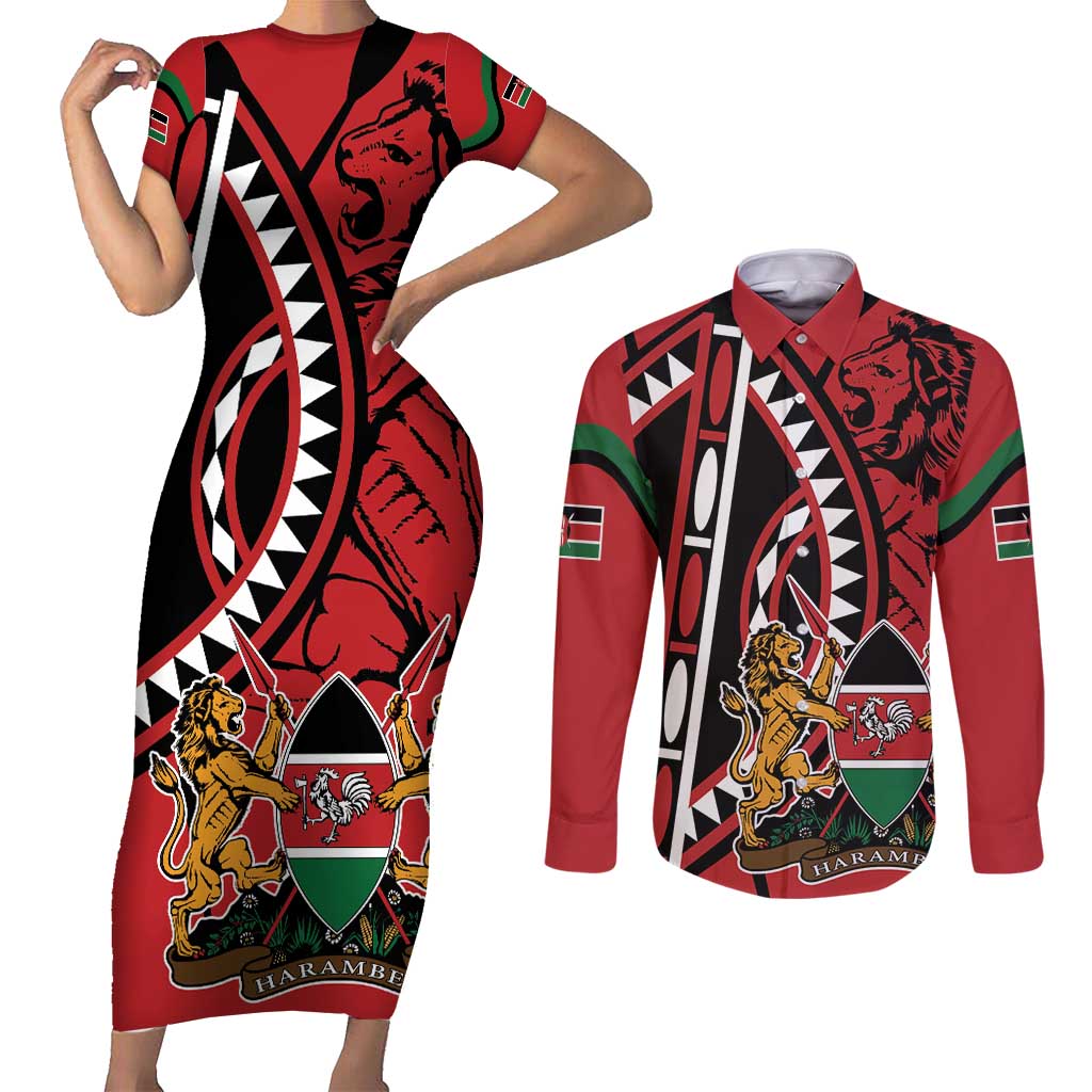 Kenya With African Shield Couples Matching Short Sleeve Bodycon Dress and Long Sleeve Button Shirt LT9 - Wonder Print Shop