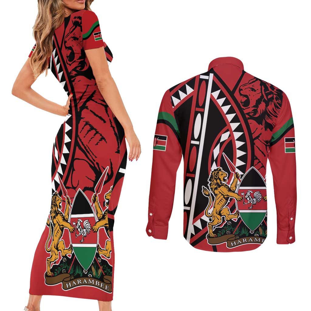 Kenya With African Shield Couples Matching Short Sleeve Bodycon Dress and Long Sleeve Button Shirt LT9 - Wonder Print Shop