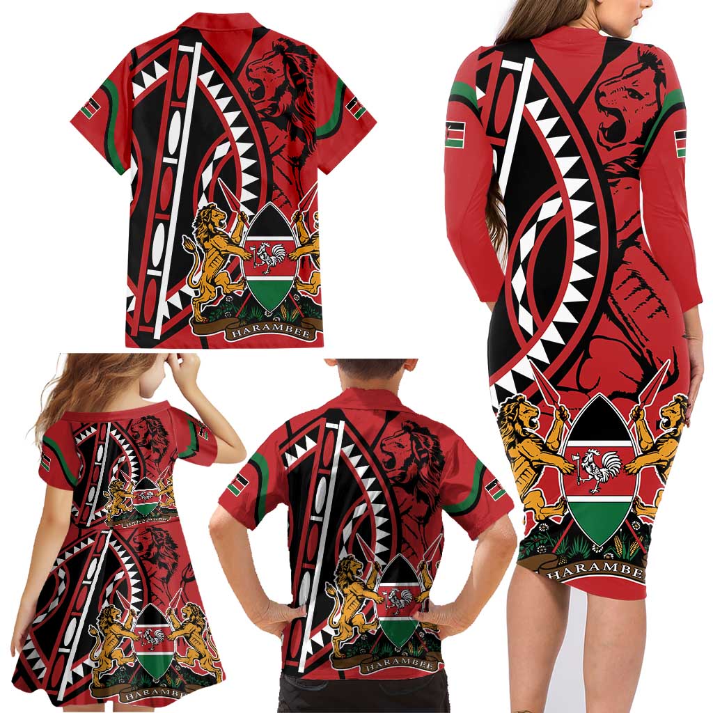 Kenya With African Shield Family Matching Long Sleeve Bodycon Dress and Hawaiian Shirt LT9 - Wonder Print Shop