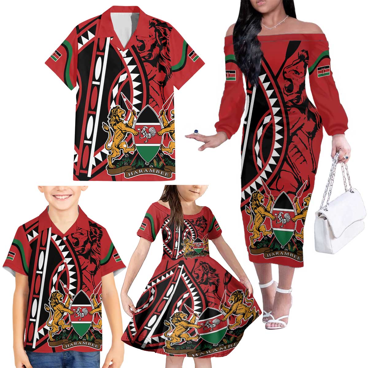 Kenya With African Shield Family Matching Off The Shoulder Long Sleeve Dress and Hawaiian Shirt - Wonder Print Shop