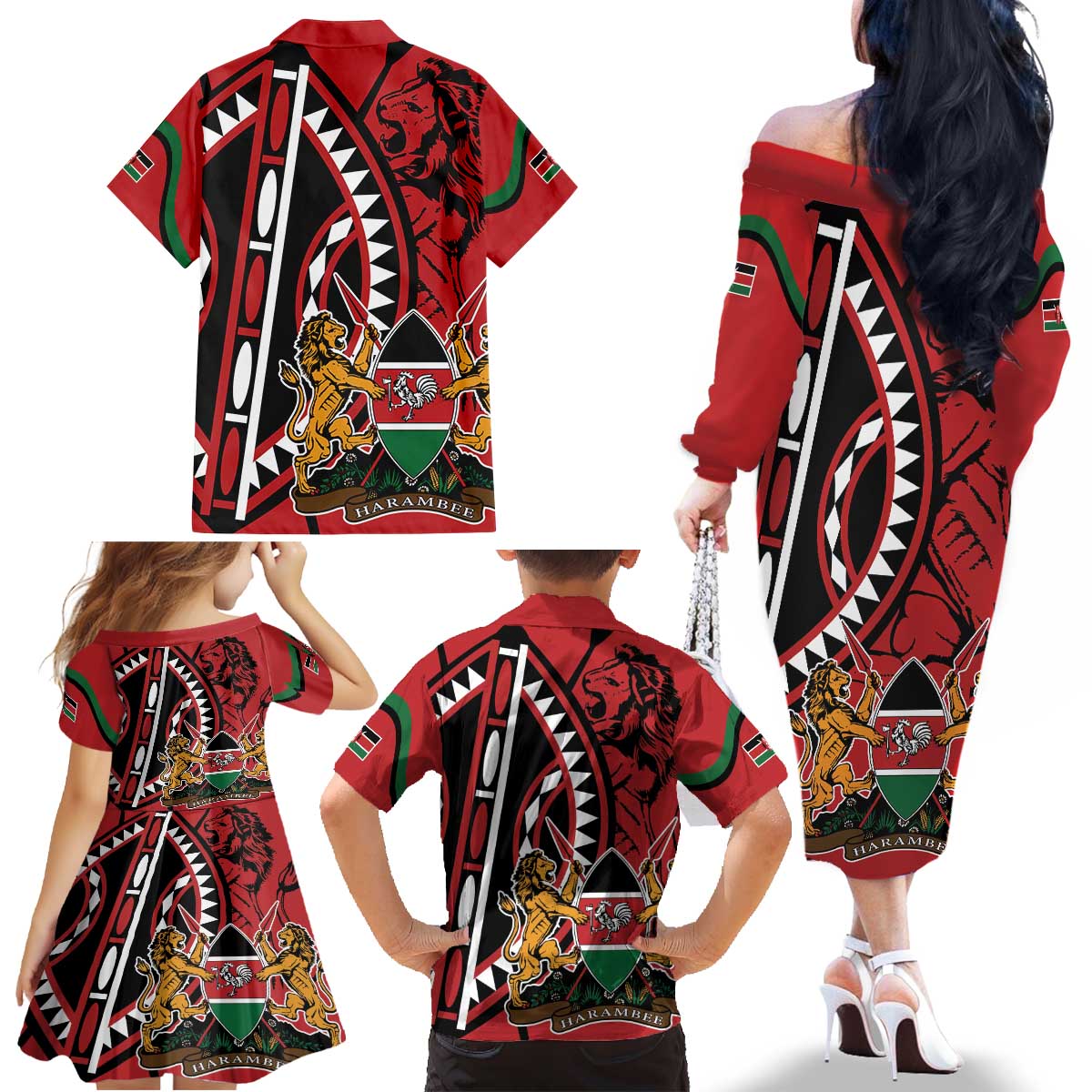 Kenya With African Shield Family Matching Off The Shoulder Long Sleeve Dress and Hawaiian Shirt - Wonder Print Shop