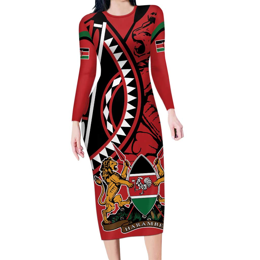 Kenya With African Shield Long Sleeve Bodycon Dress - Wonder Print Shop